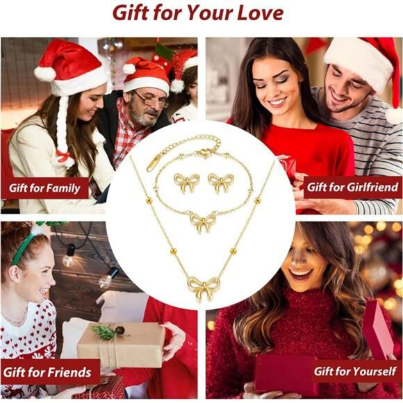 Gold Bow Necklace Earrings Bracelet Set Women Ribbon Jewelry Christmas Gifts - Picture 7 of 8